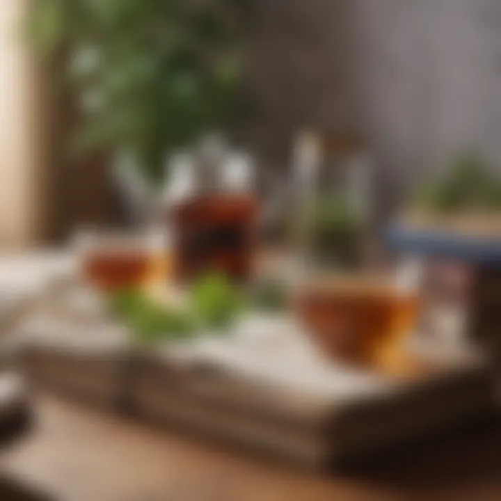 An arrangement of herbal teas and books on wellness, fostering a calming atmosphere.