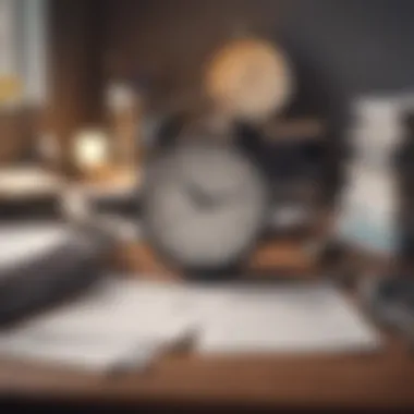 Desk cluttered with papers and clock showing busy schedule