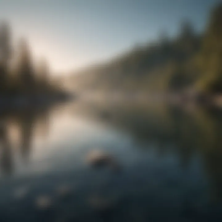 A serene landscape with calming waters reflecting a clear sky