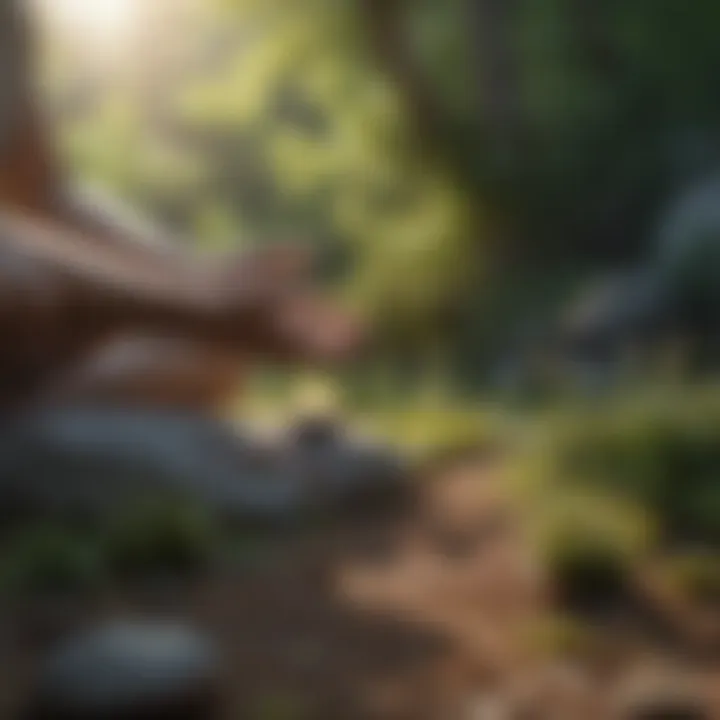 Close-up of a person practicing mindfulness meditation outdoors in nature