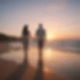 A couple walking hand in hand on a serene beach at sunset