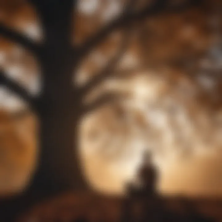 Silhouette of a person meditating under a tree