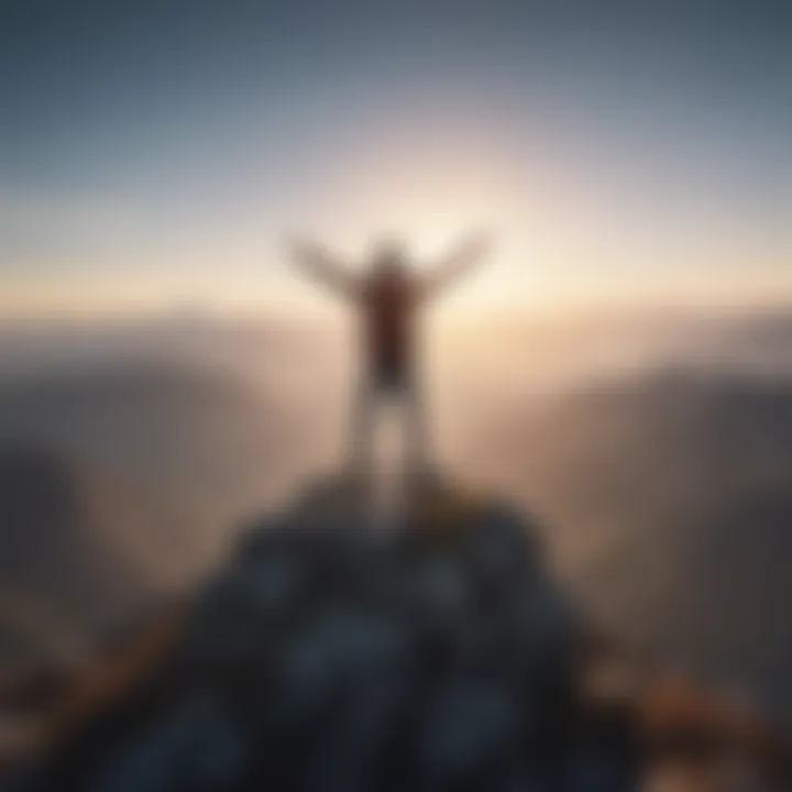 An individual standing on a mountain peak with arms outstretched