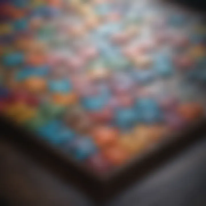 A close-up of a colorful puzzle board with pieces scattered