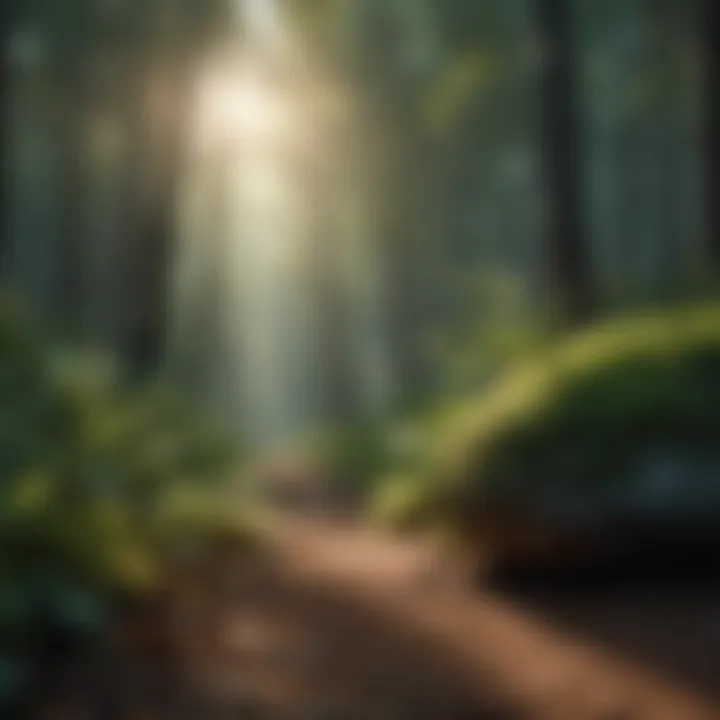 An illustration of a peaceful forest scene with soft lighting