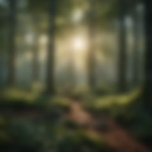 Artistic depiction of a tranquil forest with sunlight filtering through the trees