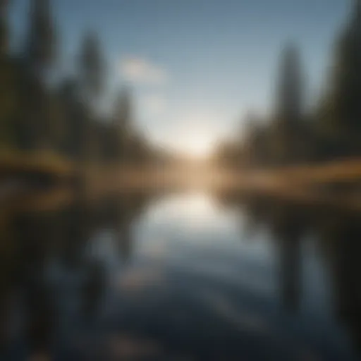 A serene landscape with calm waters reflecting the sky