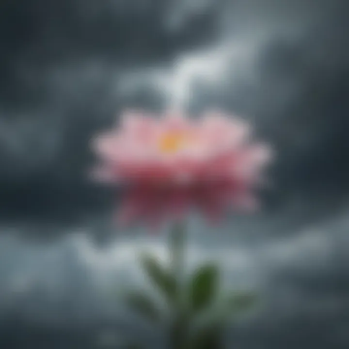 Blossoming flower amidst stormy clouds representing inner peace