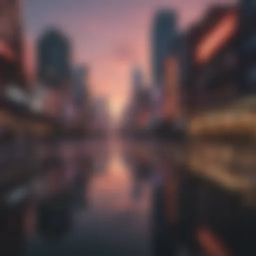 Vibrant cityscape at dusk with buildings lit up