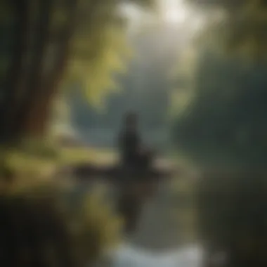 A person meditating peacefully by a tranquil lake