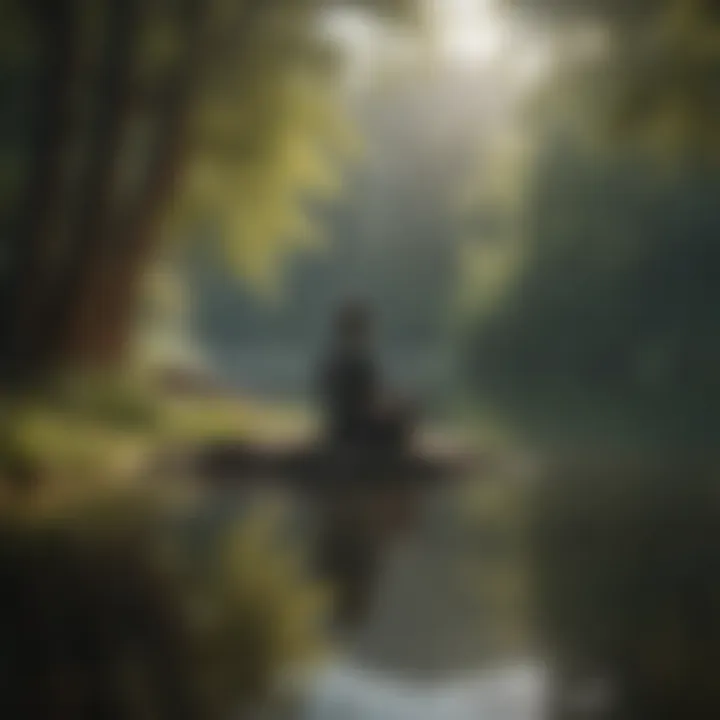 A person meditating peacefully by a tranquil lake