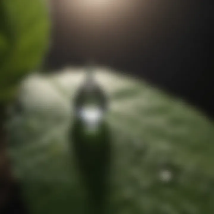 Close-up of a single droplet of water on a leaf reflecting sunlight