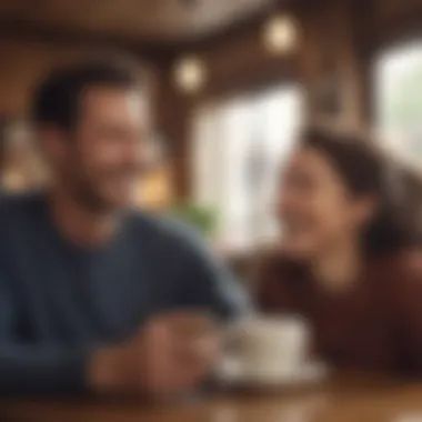 A close-up of two friends exchanging laughter and joy in a cozy coffee shop