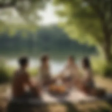 A diverse group of friends enjoying a picnic by a tranquil lakeside setting