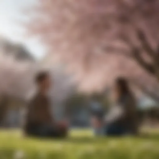 Two friends sharing a heartfelt conversation under a blooming cherry blossom tree