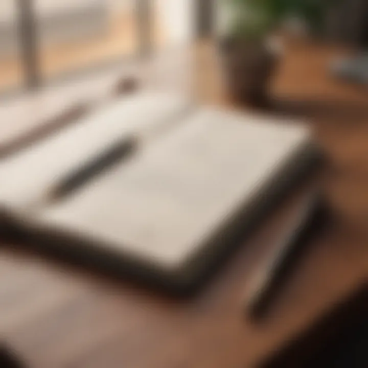 A close-up of a journal and pen on a desk, symbolizing mindfulness.