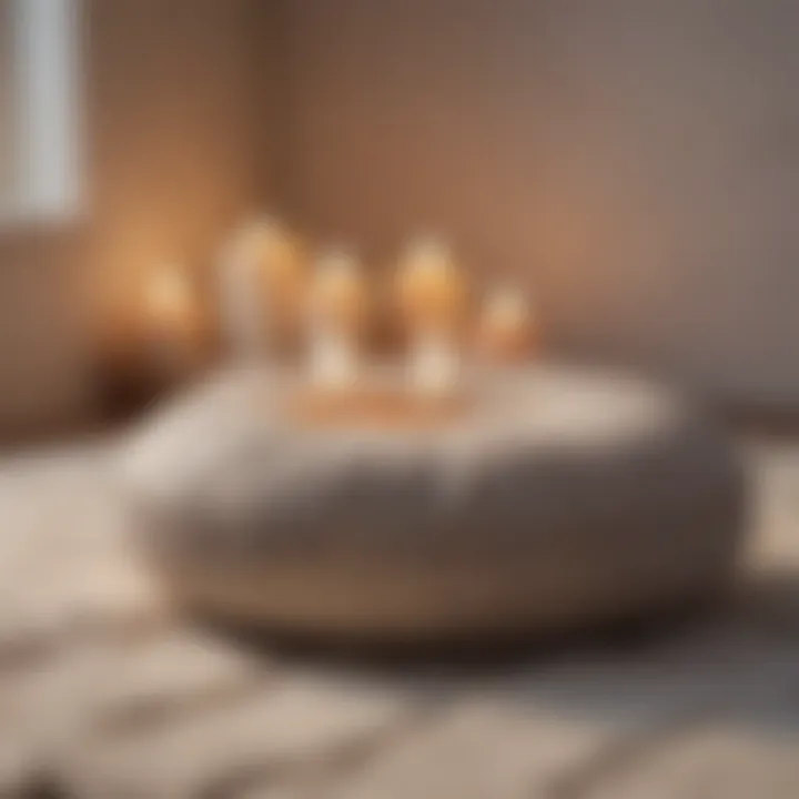 Close-up of a meditation cushion beside calming candles
