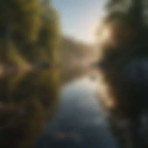 A serene landscape with tranquil waters reflecting soft sunlight