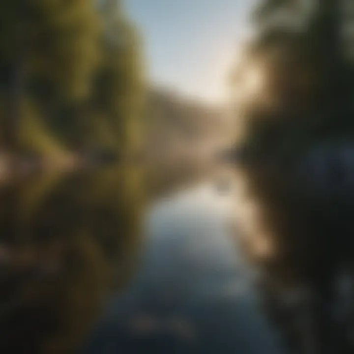 A serene landscape with tranquil waters reflecting soft sunlight