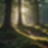 Serene morning landscape with sunlight breaking through trees
