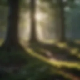 Serene morning landscape with sunlight breaking through trees