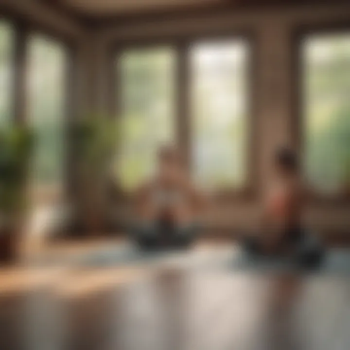 Illustration of friends practicing mindfulness in a serene yoga studio