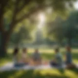 Illustration of a diverse group of friends having a picnic in a scenic park