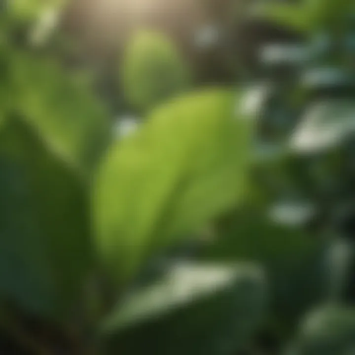 A close-up of vibrant green leaves with sunlight filtering through