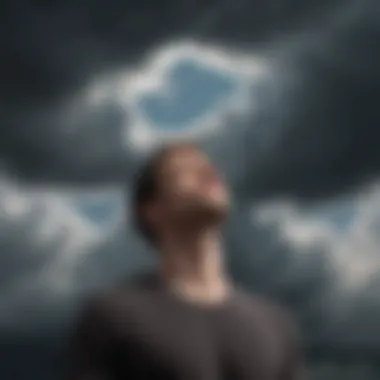 Illustration of a person surrounded by dark clouds lifting to reveal a bright sky