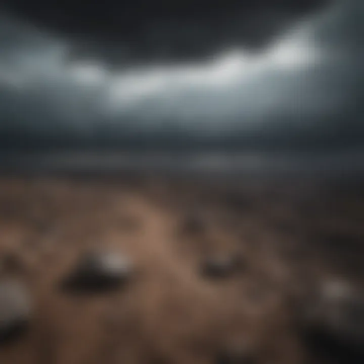 Dark clouds looming over a desolate landscape