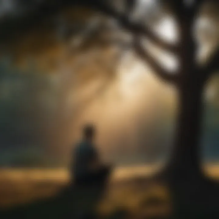 Silhouette of a person meditating under a tree