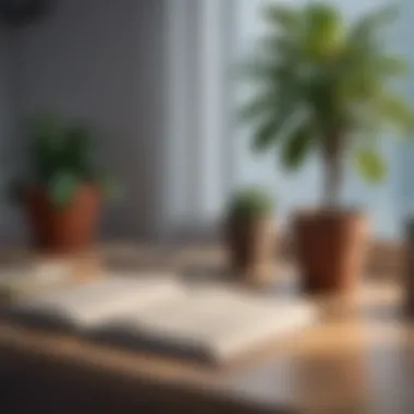 Minimalist desk with potted plant and journal