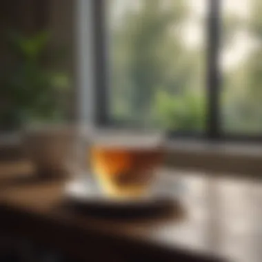 A soothing cup of tea placed on a table amidst a calm setting