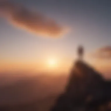 A silhouette of a person standing tall on a mountain peak at sunset