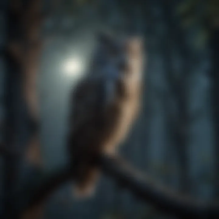 Majestic owl perched on a branch in moonlit forest