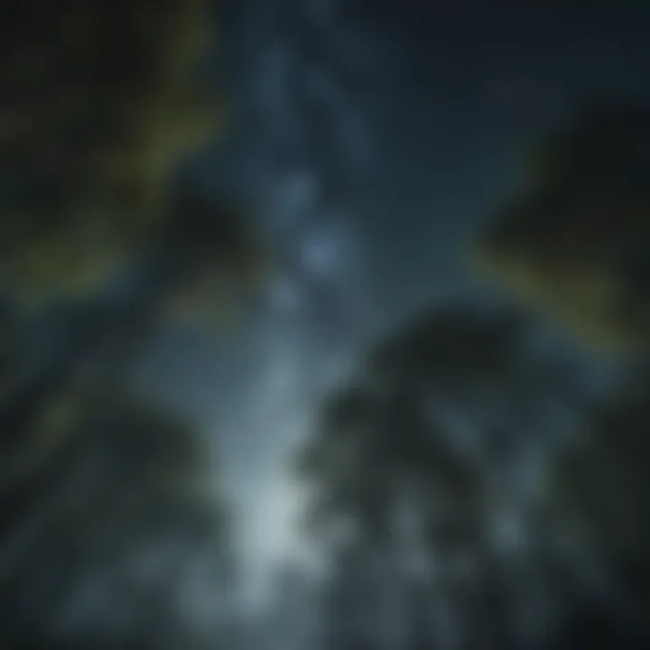 Ethereal mist weaving through dense forest canopy under starry sky