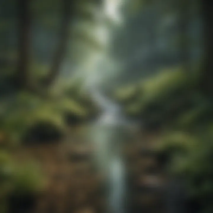 Ethereal Essence - Illustration depicting a serene landscape with a tranquil stream flowing through a lush forest