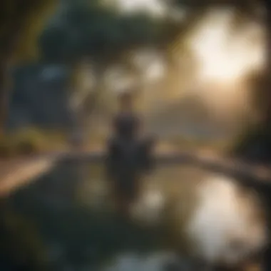 Person meditating near a serene water tank