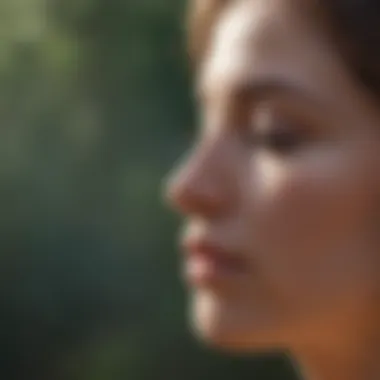 Close-up of a person practicing deep breathing in a peaceful setting