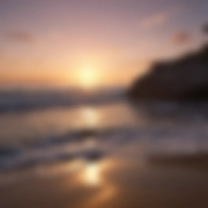 Artistic depiction of a tranquil beach scene at sunset