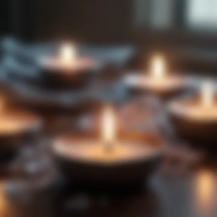 A close-up of calming elements like candles and crystals