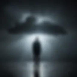 Abstract illustration of a person standing under a dark cloud with a glimmer of light breaking through