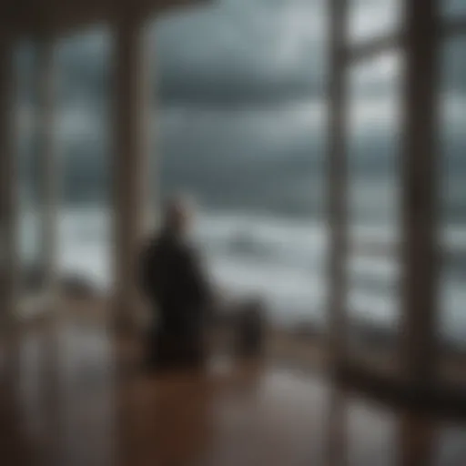 Reflective Mind: A lone figure sitting by a window, gazing out at a stormy sea