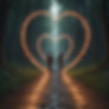 Surreal illustration symbolizing love as a labyrinthine journey with a glowing light at the center