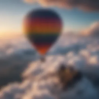 A colorful hot air balloon floating high above the clouds