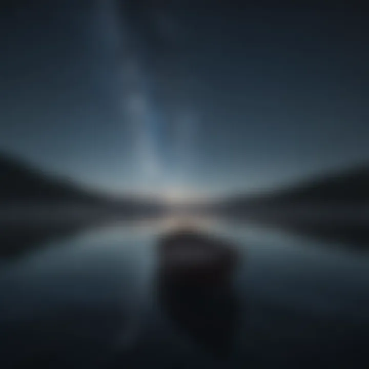 A lone boat sailing on calm waters under a starry night sky