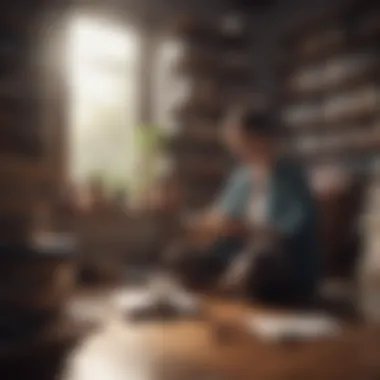 An individual engaged in creative writing, surrounded by books and a cup of tea.