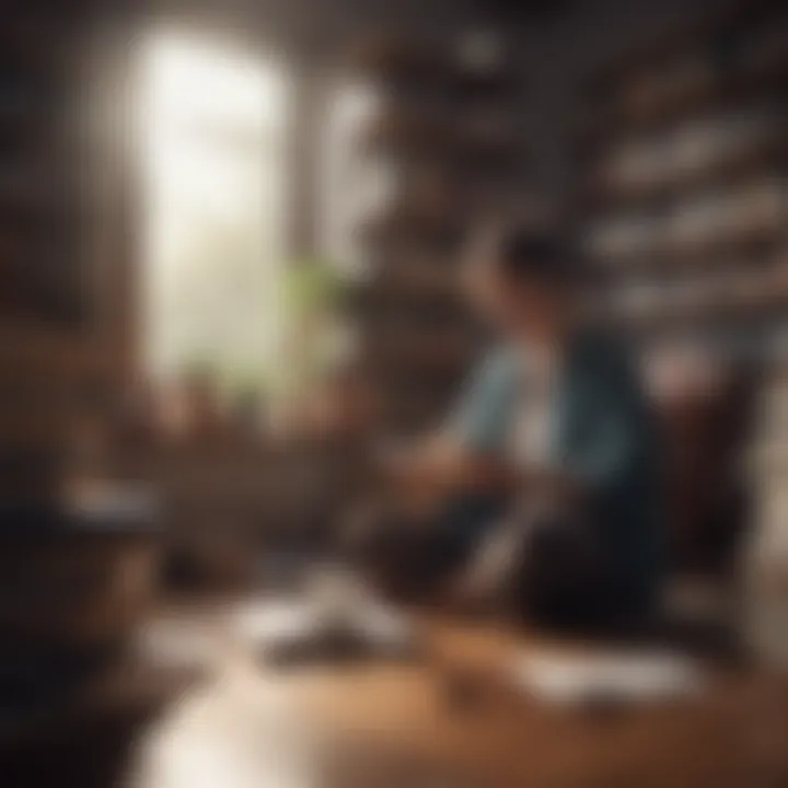 An individual engaged in creative writing, surrounded by books and a cup of tea.