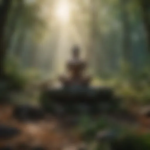 A serene group meditation setting surrounded by nature.