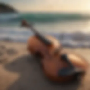 Violin strings intertwining with gentle waves on a beach